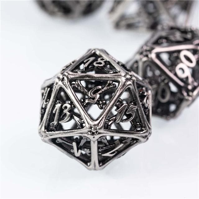 RPG Dice Set | Hollow Metal | Hollow Bones - Silver | Set of 7
