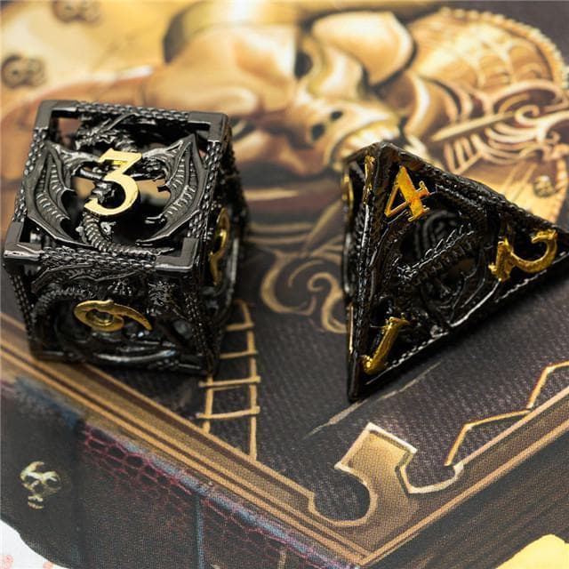 Metal Dice | Hollow "Dragon" Black w/Gold | Set of 7