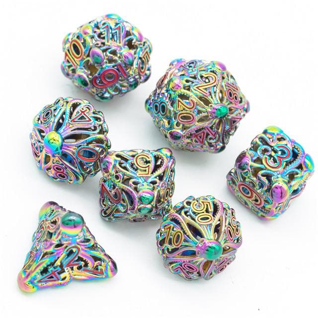 Metal Dice | Hollow "Octopus" Rainbow | Set of 7