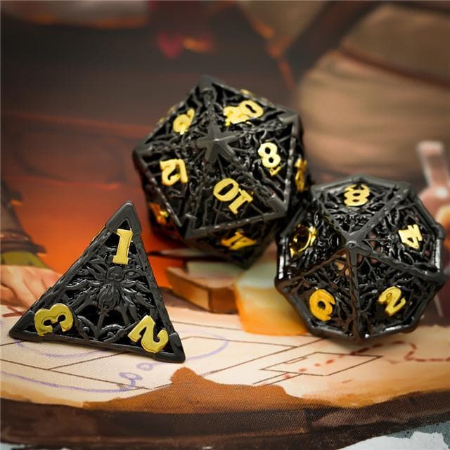 Metal Dice | Hollow "Spider" Black & Gold | Set of 7