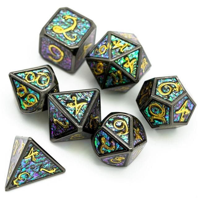 Metal Dice | Iridescent Enamel w/ Gold Dragon | Set of 7