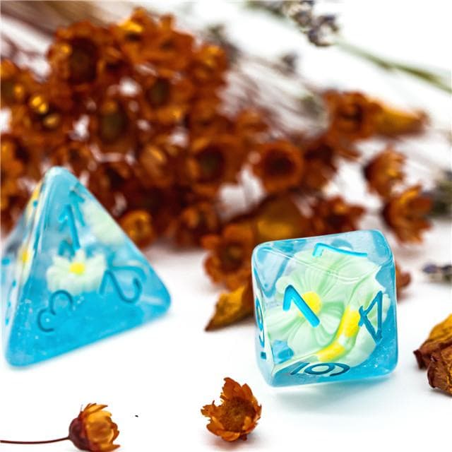 RPG Dice | "Suspended Daisy" Light Blue | Set of 7