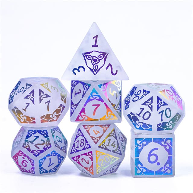 Polyhedral Dice Set | Gemstone | White Quartz w/ Rainbow Foil Celtic Knot | Set of 7 (D0215)