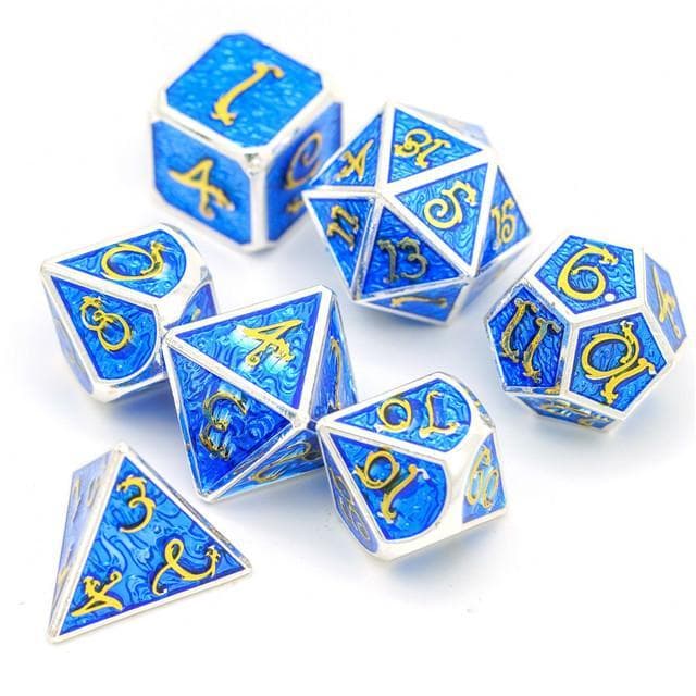 Metal Dice | Silver w/ Blue Enamel & Gold Dragon | Set of 7