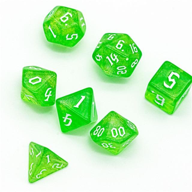 Polyhedral Dice Set | Acrylic | "Emerald Thorns" White Ink | Set of 7 (D0119)