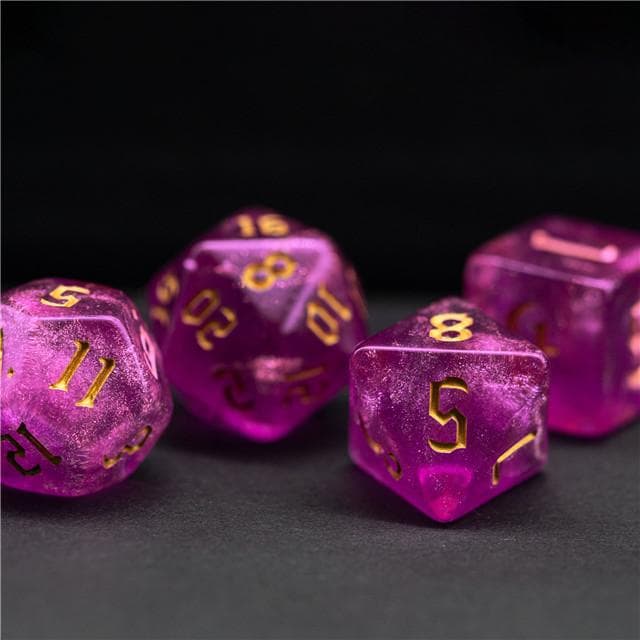 Polyhedral Dice Set | Acrylic | "Magenta Thorns" Gold Ink | Set of 7 (D0121)