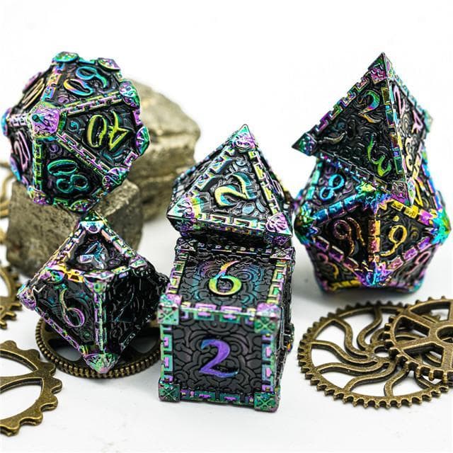 Metal Dice | "Dagger of Venom" Rainbow Black | Set of 7