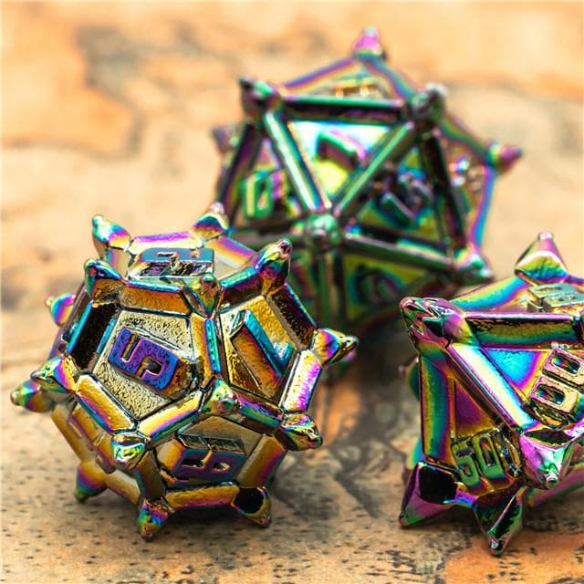 Metal Dice | "Cruel Caltrops" Rainbow Plated | Set of 7