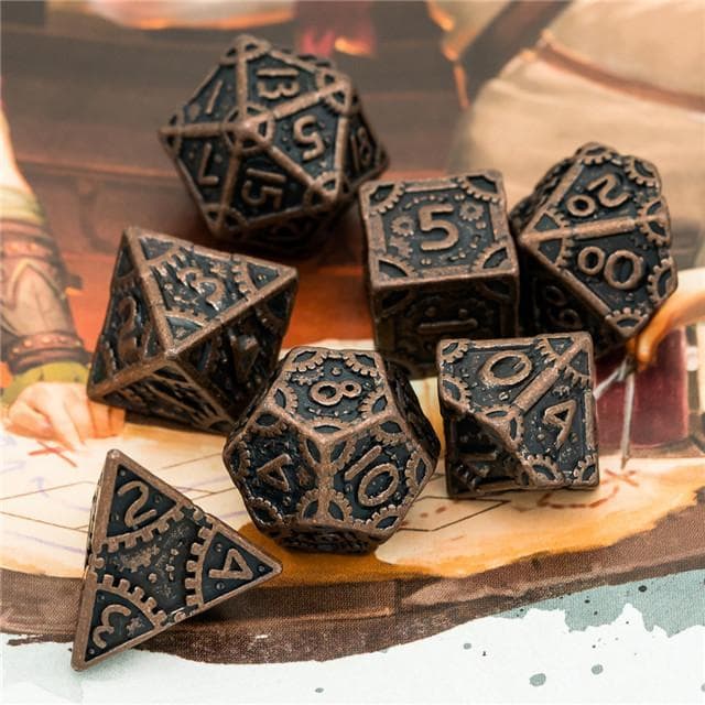 Metal Dice | "Grinding Gears" Copper | Set of 7