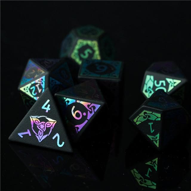 Gemstone Dice | Matte Obsidian w/ Rainbow Foil Celtic Knot | Set of 7