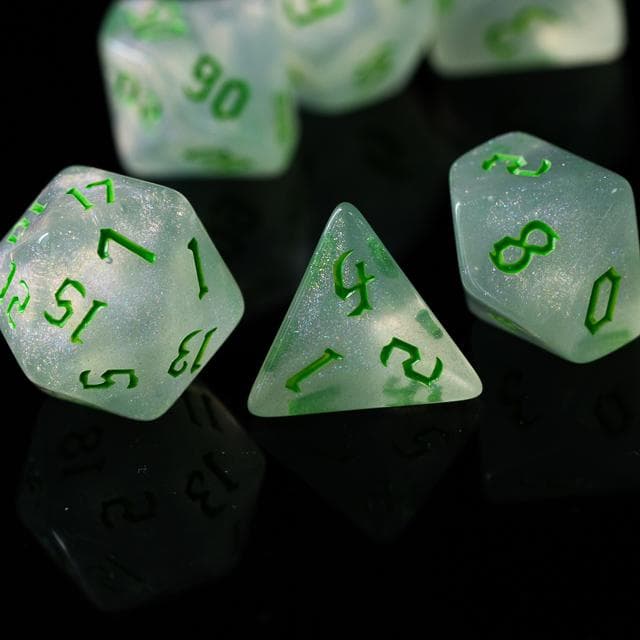 Polyhedral Dice Set | Acrylic | "Moonstone Thorns" Green Ink | Set of 7 (D0123)