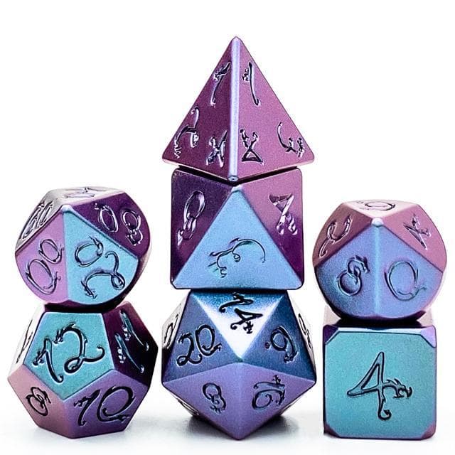 Metal Dice - Purple Iridescent w/Dragon - Set of 7