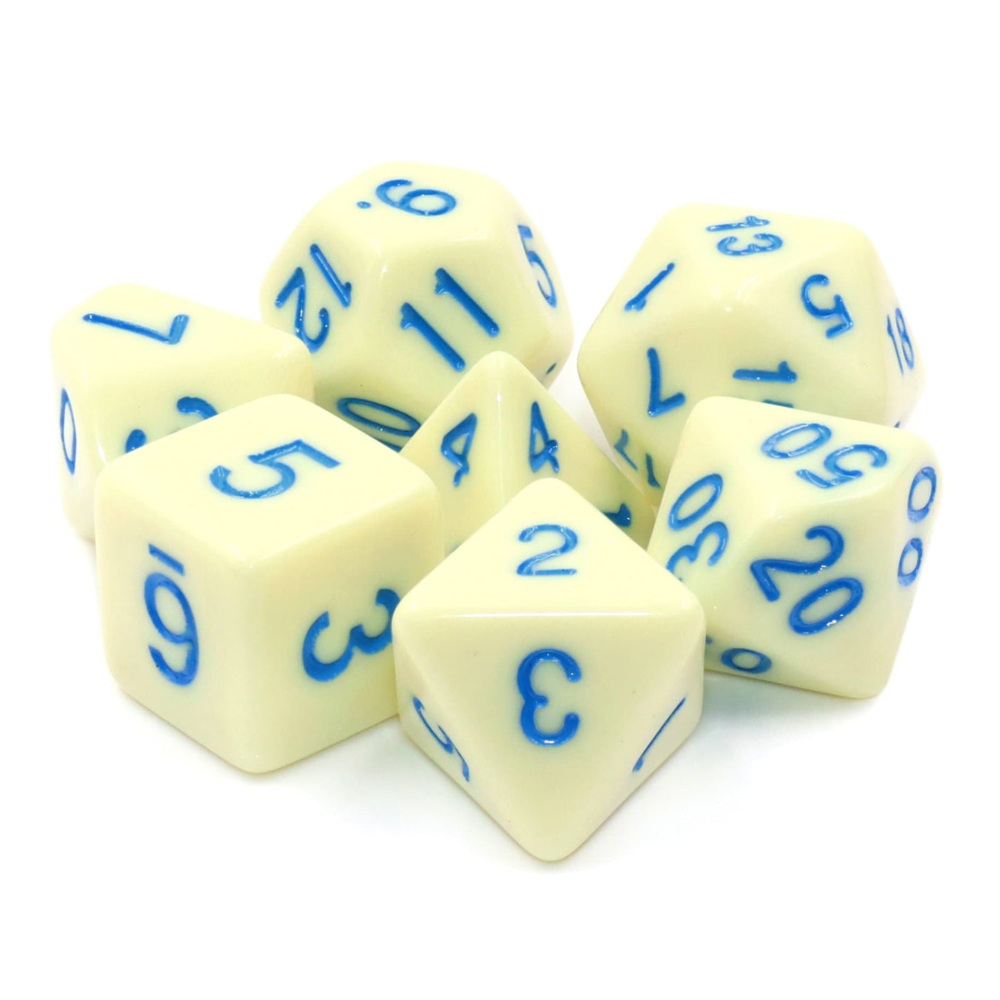 Polyhedral Dice Set | Acrylic | Pastel Eggshell (Blue Ink) | Set of 7 (D0144)