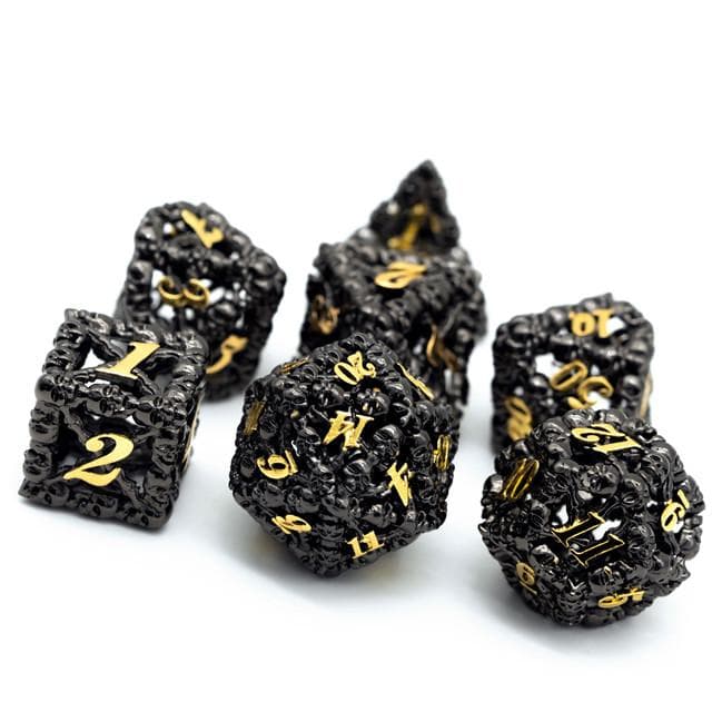 Metal Dice | Hollow "Skull" Black & Gold | Set of 7