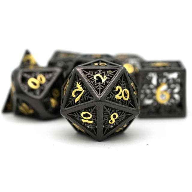 Metal Dice | Hollow "Snowflake" Black & Gold | Set of 7