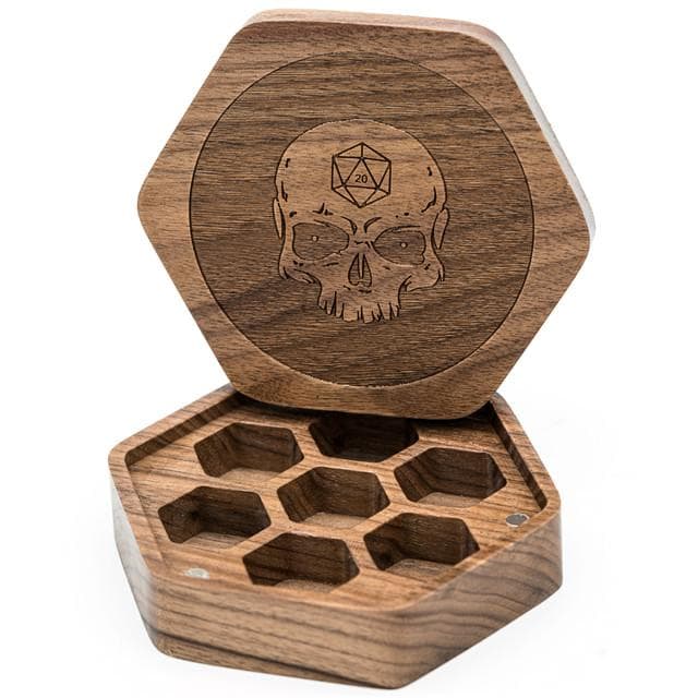 Dice Box | Wooden Hexagonal | Walnut with Skull