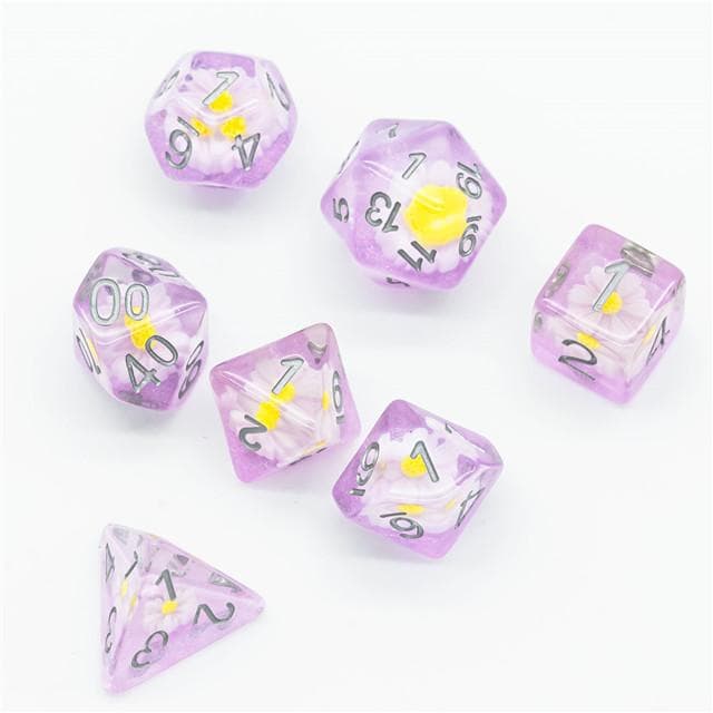 RPG Dice | "Suspended Daisy" Purple (Silver Ink) | Set of 7
