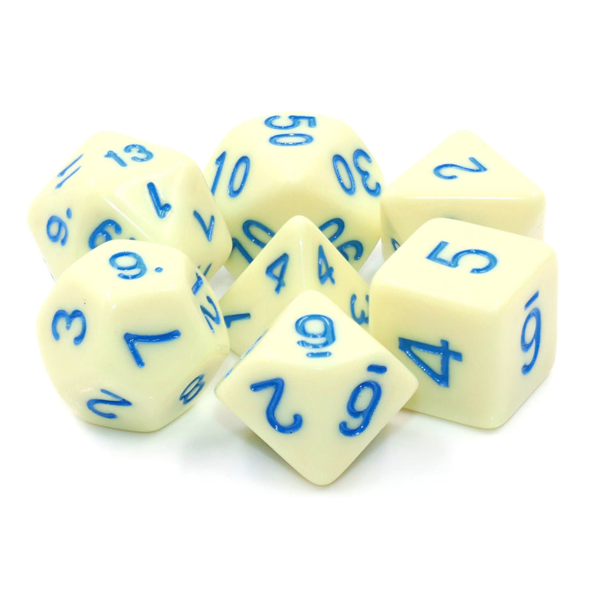 Polyhedral Dice Set | Acrylic | Pastel Eggshell (Blue Ink) | Set of 7 (D0144)