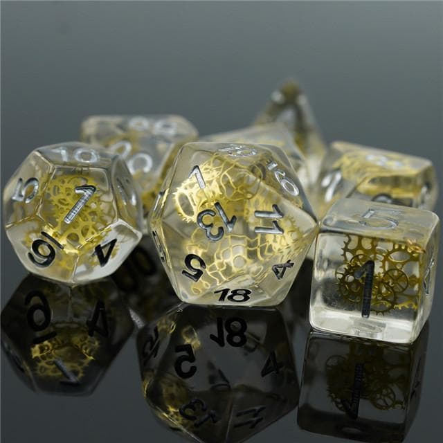 Polyhedral Dice Set | Resin | "Golden Gears" Suspended Gear | Set of 7 (D0117)