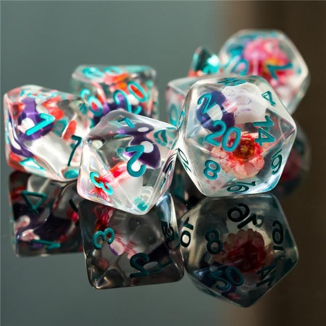RPG Dice | "Magic Mushroom" Purple w/Flowers | Set of 7