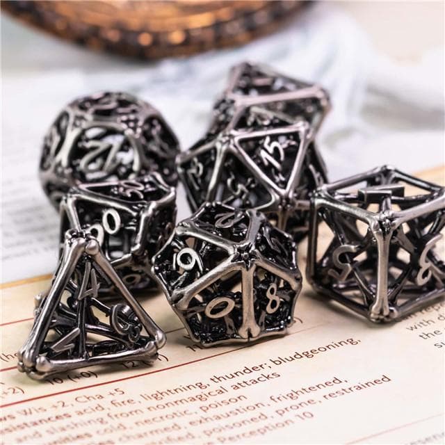 RPG Dice Set | Hollow Metal | Hollow Bones - Silver | Set of 7