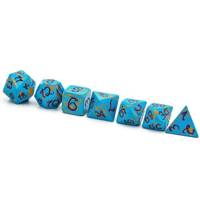 Metal Dice | Blue & Yellow w/ Red Dragon | Set of 7