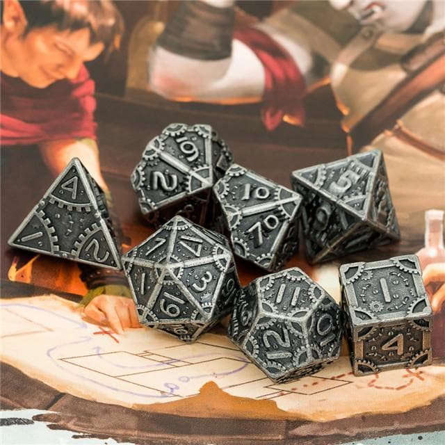Metal Dice | "Grinding Gears" Silver | Set of 7