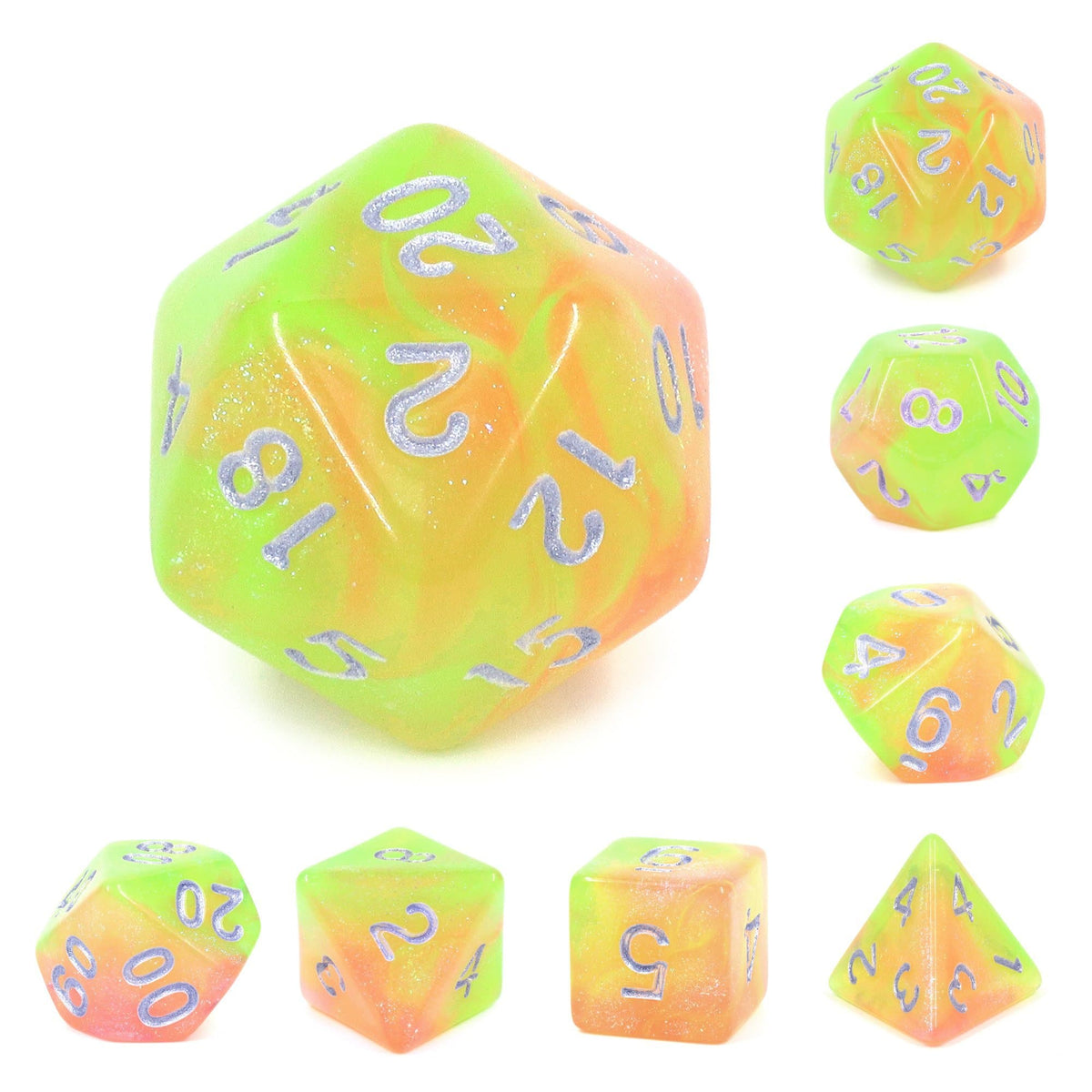 Polyhedral Dice Set | Acrylic | "Heat Shimmer" (Silver Ink) | Set of 7 (D0051)