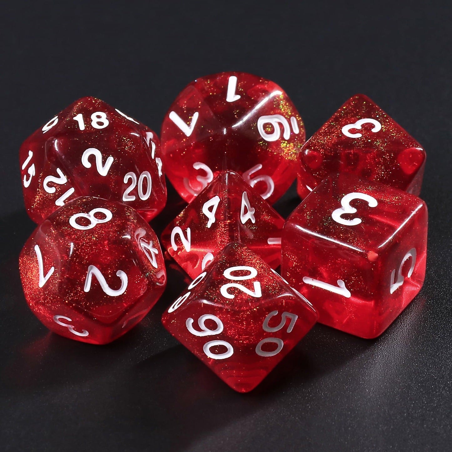 RPG Dice | "Glittering Ruby" (White Ink) | Set of 7