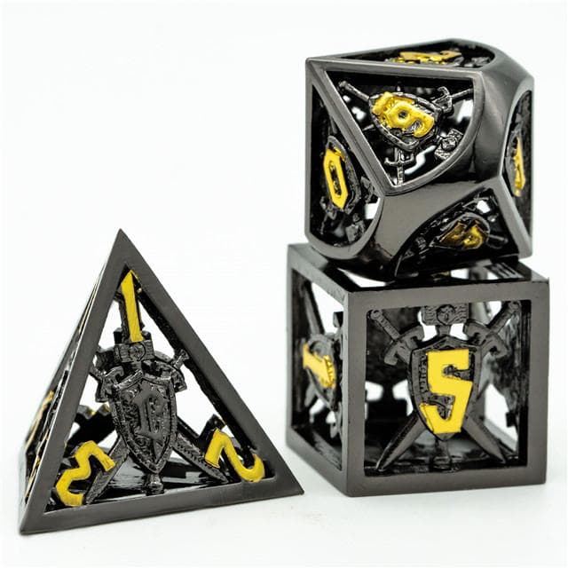 Metal Dice | Hollow "Shield" Black & Gold | Set of 7