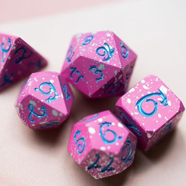 Metal Dice | Pink & White w/ Blue Dragon | Set of 7