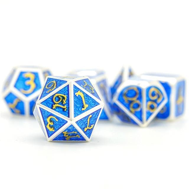 Metal Dice | Silver w/ Blue Enamel & Gold Dragon | Set of 7