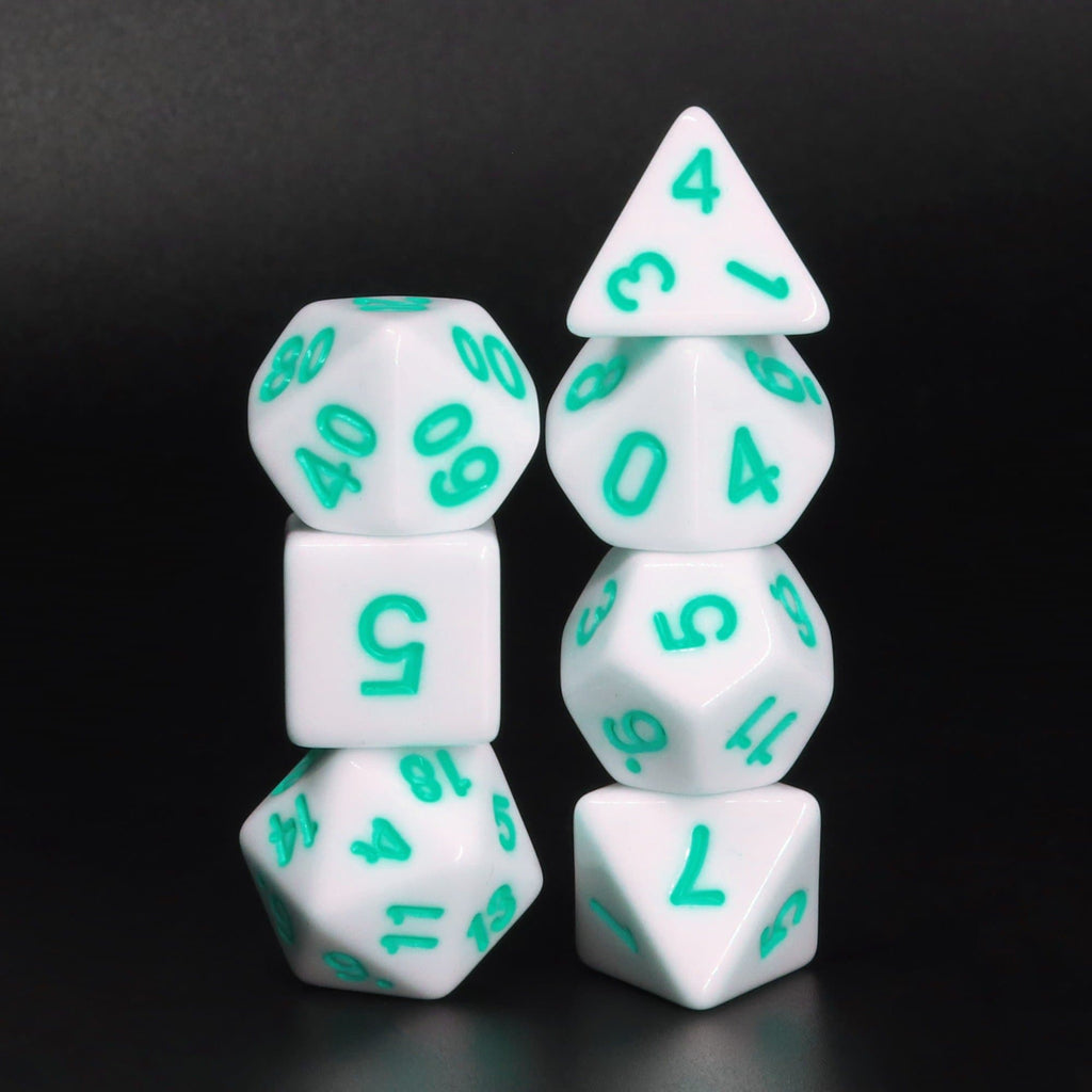Polyhedral Dice Set | Acrylic | Solid White (Teal Ink) | Set of 7 (D0101)
