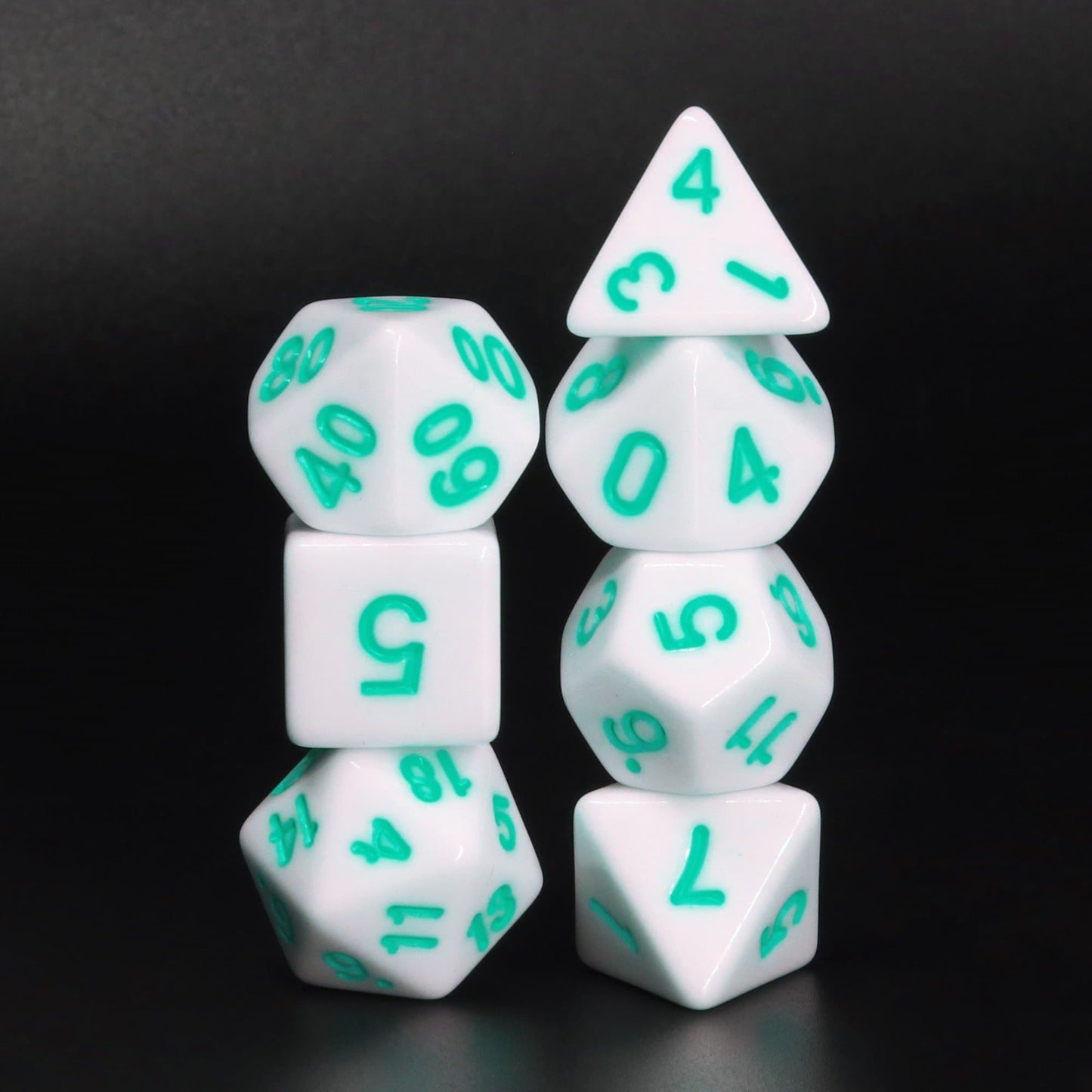 Polyhedral Dice Set | Acrylic | Solid White (Teal Ink) | Set of 7 (D0101)