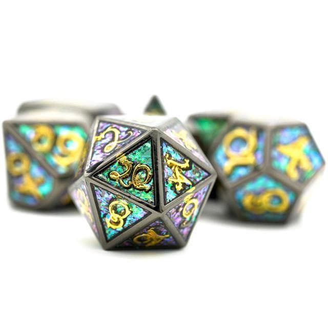 Metal Dice | Iridescent Enamel w/ Gold Dragon | Set of 7