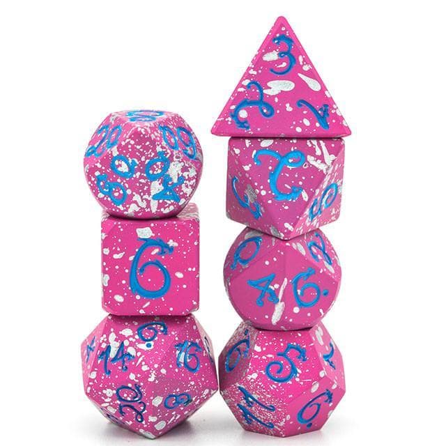 Metal Dice | Pink & White w/ Blue Dragon | Set of 7