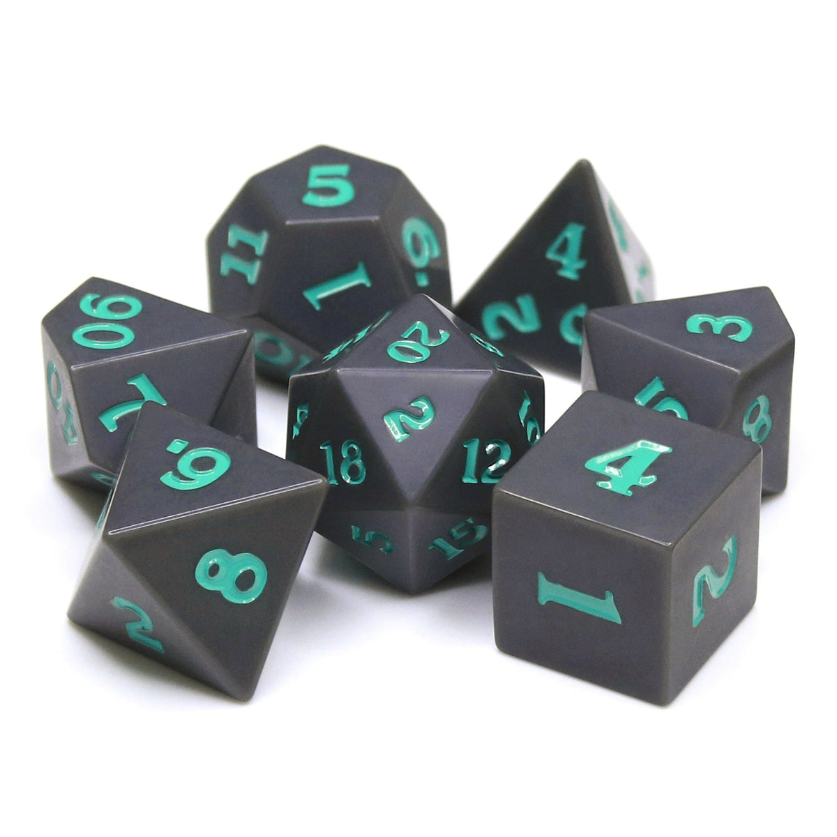 RPG Dice | Slate w/ Teal Ink (Sharp Edged) | Set of 7