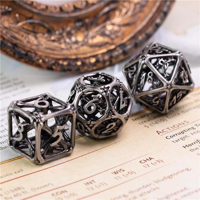 RPG Dice Set | Hollow Metal | Hollow Bones - Silver | Set of 7