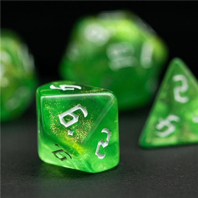 Polyhedral Dice Set | Acrylic | "Emerald Thorns" White Ink | Set of 7 (D0119)