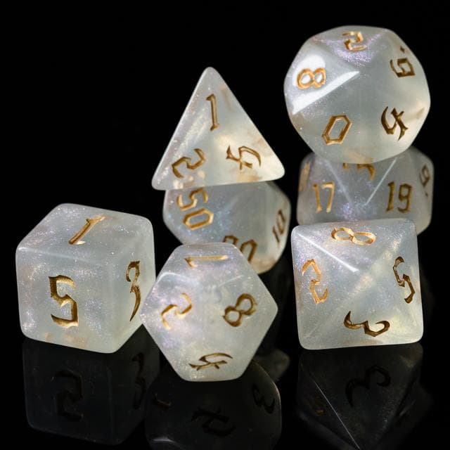 Polyhedral Dice Set | Acrylic | "Moonstone Thorns" Gold Ink | Set of 7 (D0183)