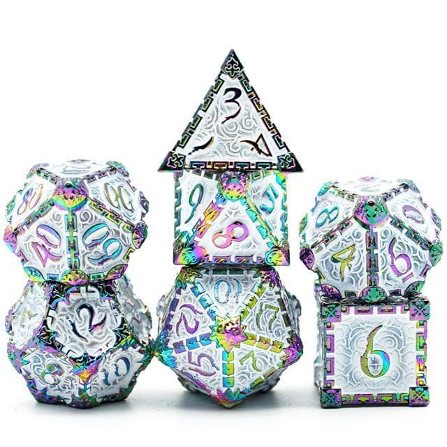 Metal Dice | "Dagger of Venom" Rainbow White | Set of 7