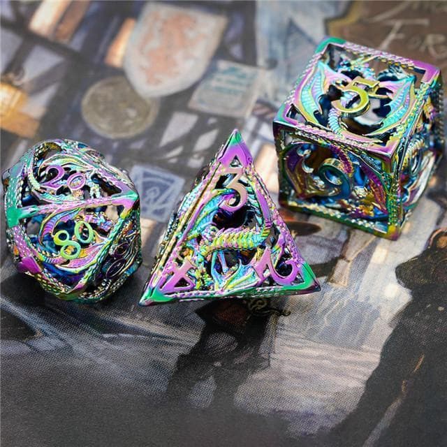 Metal Dice | Hollow "Dragon" Rainbow | Set of 7