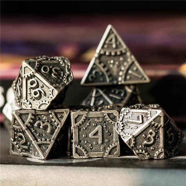 Metal Dice | "Grinding Gears" Silver | Set of 7