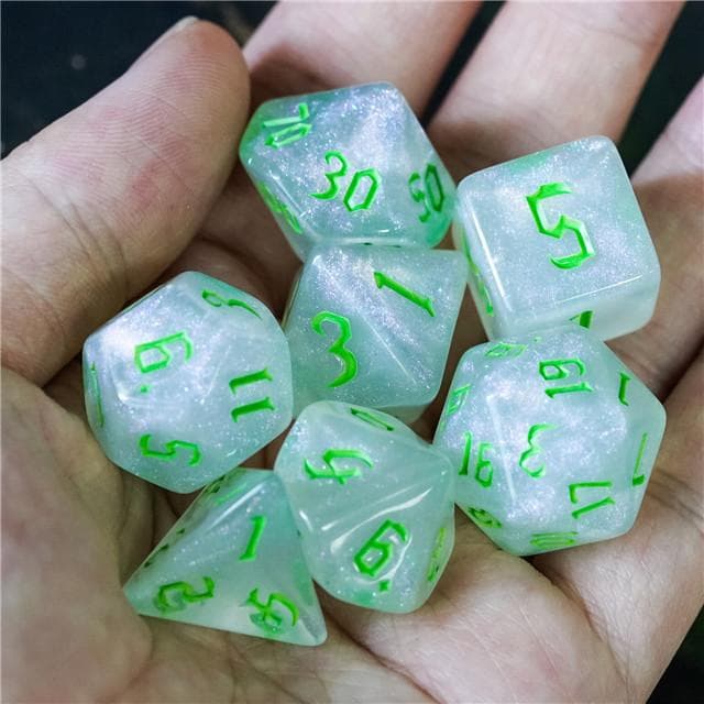 Polyhedral Dice Set | Acrylic | "Moonstone Thorns" Green Ink | Set of 7 (D0123)