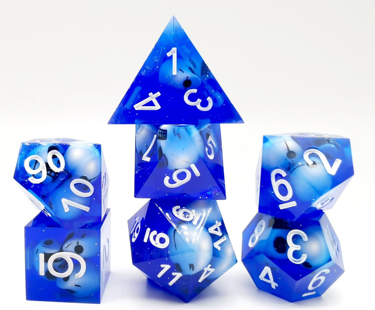 Polyhedral Dice Set | Resin | "Blue Skull" (Sharp Edged) | Set of 7 (D0208)