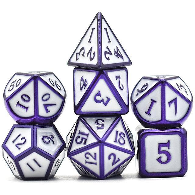 Metal Dice | White Enamel w/Purple | Set of 7