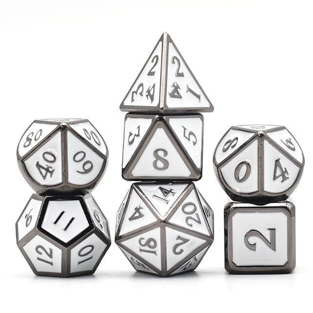 Metal Dice | White Enamel w/Silver | Set of 7