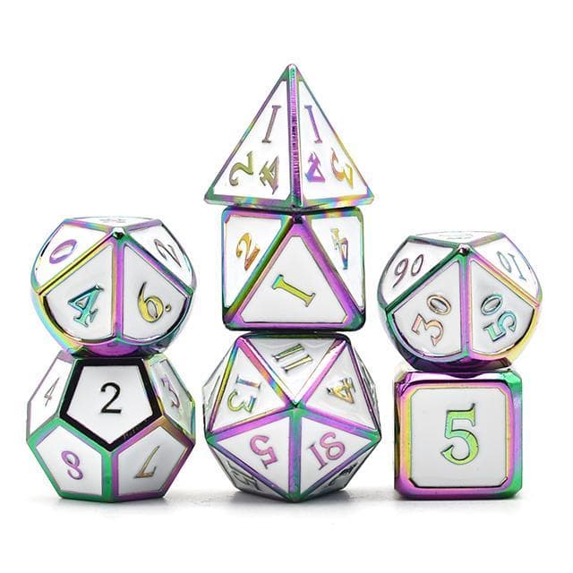 Metal Dice - White Enamel w/Rainbow - Set of 7
