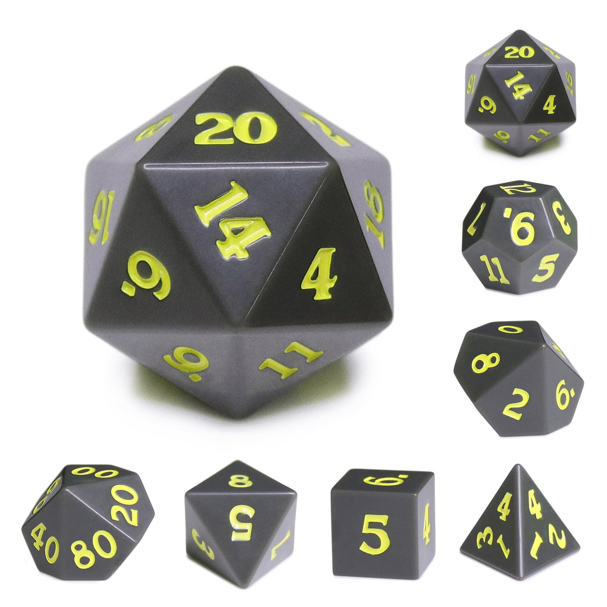 Polyhedral Dice Set | Acrylic | Slate w/ Yellow Ink (Sharp Edged) | Set of 7 (D0021)