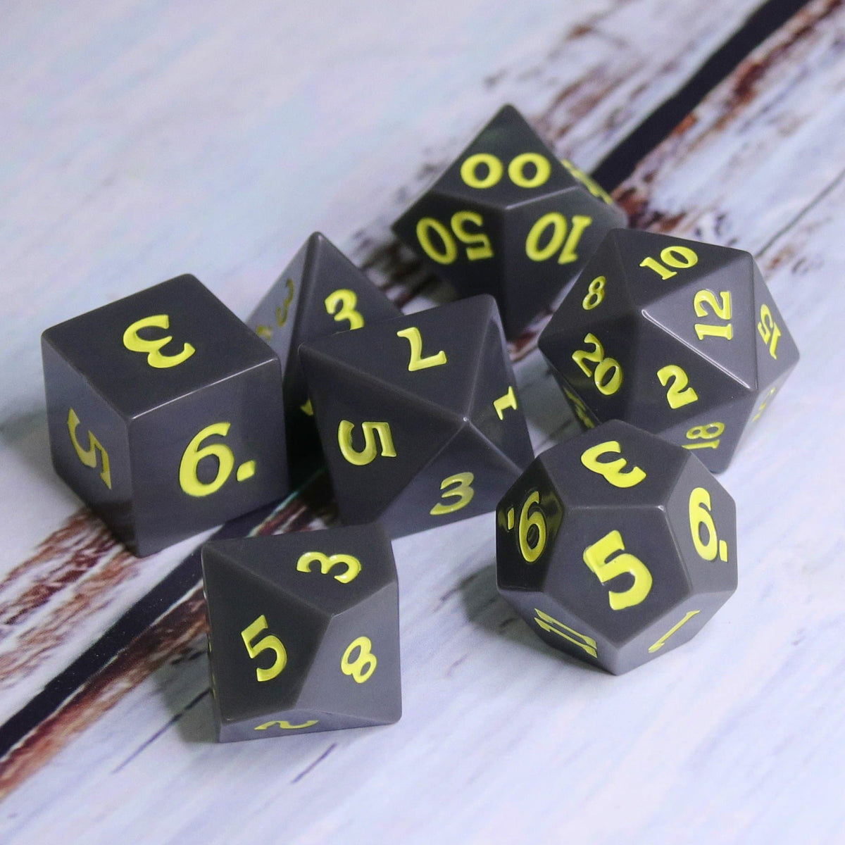 Polyhedral Dice Set | Acrylic | Slate w/ Yellow Ink (Sharp Edged) | Set of 7 (D0021)